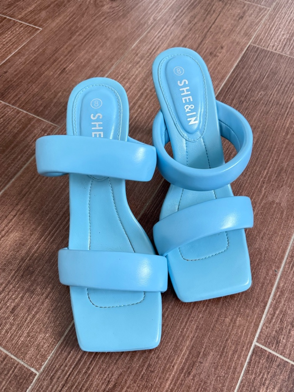 SHEIN Sky Blue Double Band Square-Toe Slide Heels
